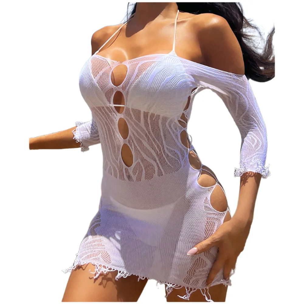 

Sexy Mini Dress White Bandaged Stylish Irregular O Neck Bodycon Mesh Sheer Short Sleeves Babydoll Dress Cutout Mini Dresses