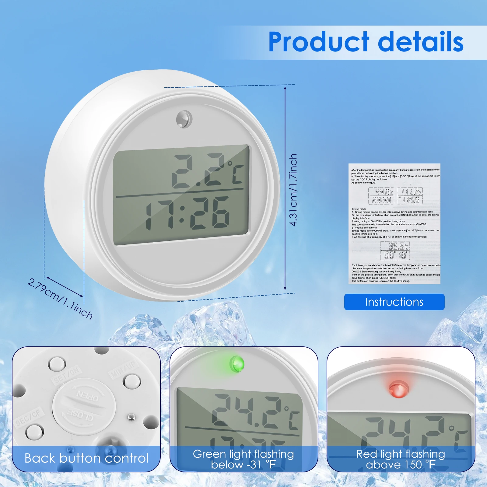 1/2Pcs 2 in 1 Floating Ice Bath Thermometer IP66 Waterproof Digital Cold Plunge Thermometer with Clear Display Flashing Light