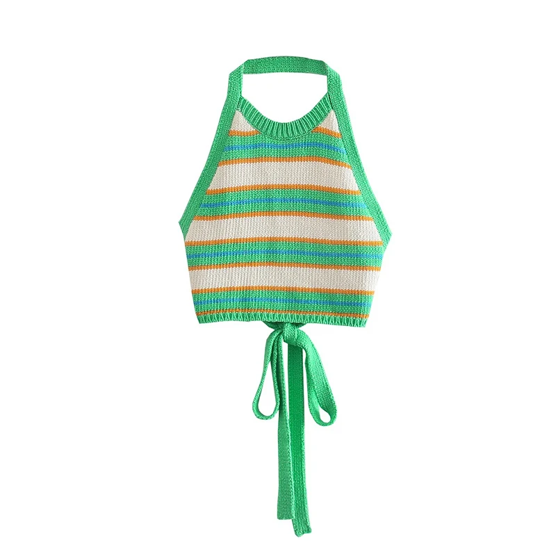 Dourbesty Y2k Knitting Halter Vest Cute Striped Tops Sexy Backless Tie Up Bandage Crop Tops Chest Wrap Beach Camisole Streetwear