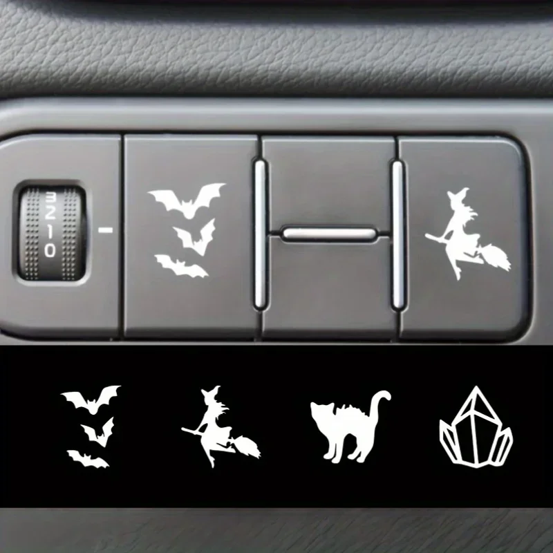 Black Cat Witch Sticker 4PCS Set Mini Waterproof Vinyl Decal Car Dashboard Button Auto Accessories Cute Spooky Decor
