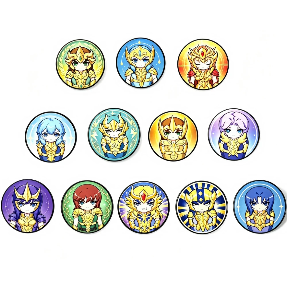 12Pcs Starry Golden Armor Knight Round Pin Set, Soft Gradient Color Background, Vibe-enhancing Decorative Badges
