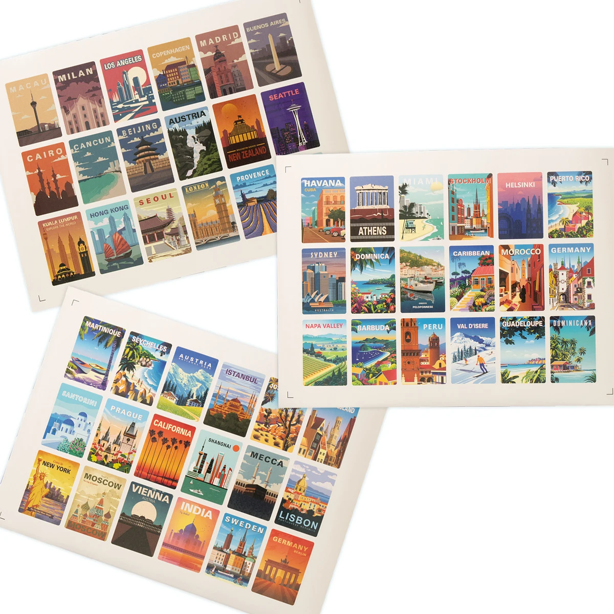 6 Sheets, Totaling 108 Pieces of World City Travel Stickers, Vintage Poster Style, Printed with Famous Landmark Patterns