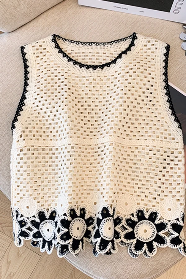 

Women Summer Causal Sleeveless Round Neck Vest Embroidery Floral Crop Knitted Top Camisole Loose Crochet Fashion Solid Tops Z982