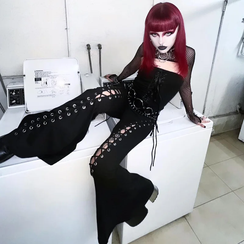 الخريف الأمريكية الرجعية Y2k E-girl سراويل نسائية شيك القوطية الظلام نمط ثقافة فرعية التخسيس المرقعة تصميم بنطلون امرأة الملابس