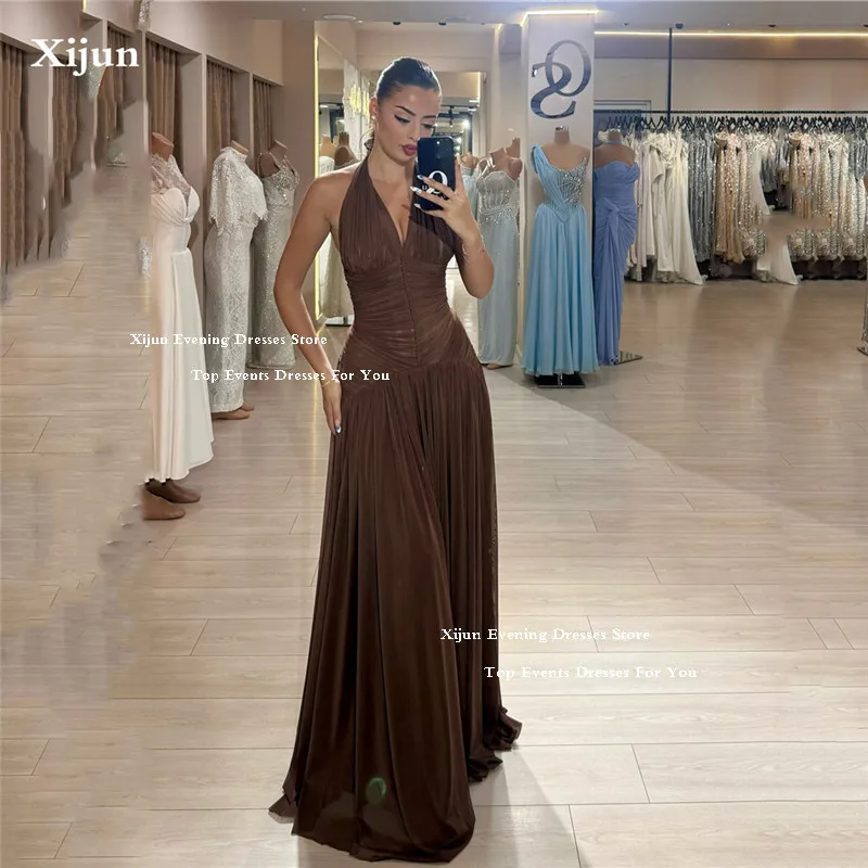 

Xijun Brown Chiffon Evening Dresses A Line Ruffles Pleats Halter Prom Dresses Saudi Arabic Pleat Formal Prom Gowns Customized