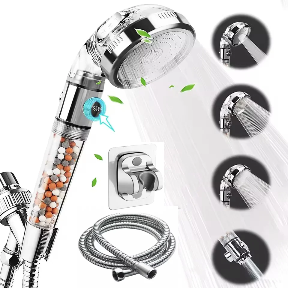 

Водосберегающая насадка для душа высокого давления с кнопкой включения/выключения, 3-режимная ионная минеральная анионная ручная душевая насадка для ванной комнаты