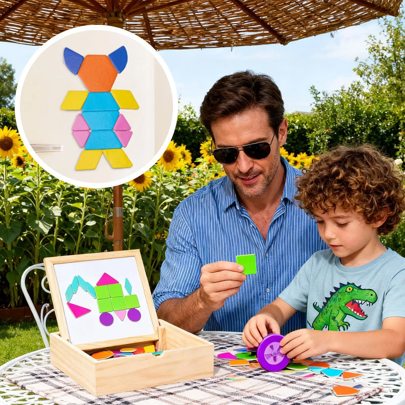 Magnetyczny Tangram Drewniany Puzzle Edukacyjny STEM Zabawka Geometryczna dla Maluchów Przedszkolaków Dzieci Chłopców Dziewcząt Uczniów