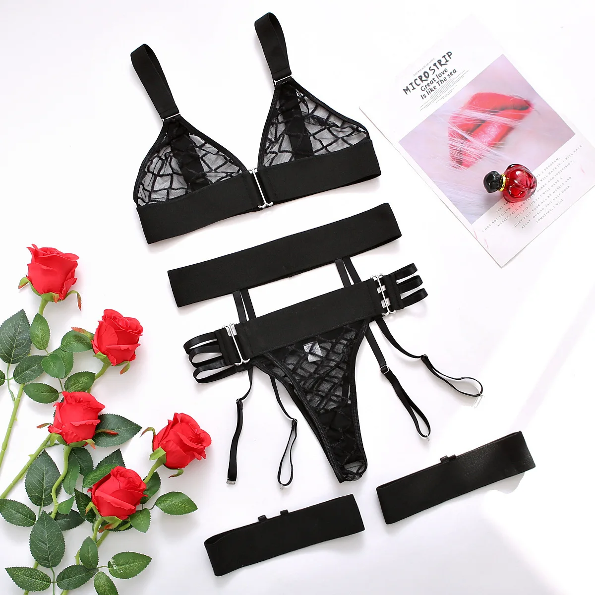 3pcs Lace Lingerie Set With Garter Belt Women Intimates Bra And Thongs Ladies Underwear Set Sexi Costumes