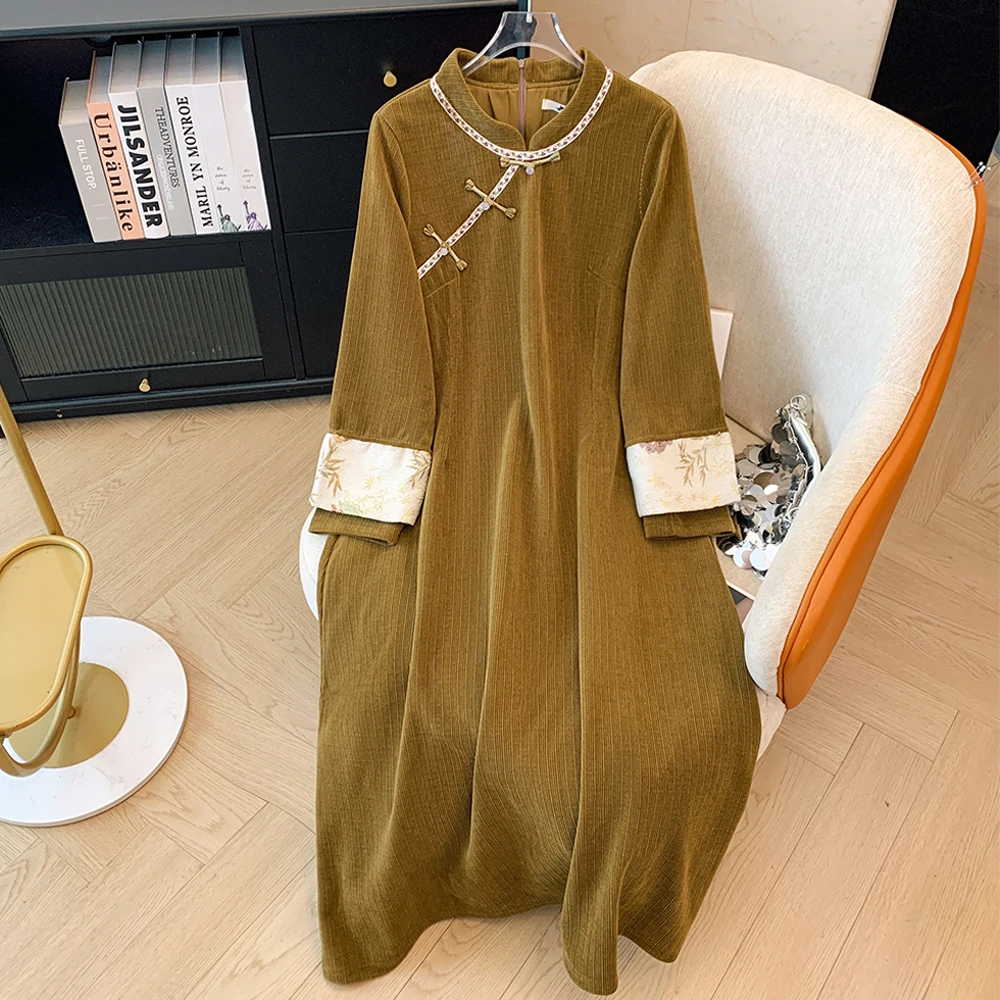 winter plus size women's green casual loose comfortable long-sleeved dress improved Chinese Qipao dress large 2024 new clothing