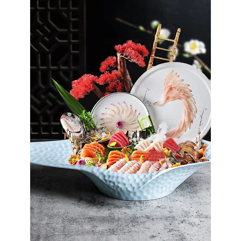 

Creative Seafood Platter Salmon Sashimi Plate Snowflake Fat Beef Melamine Dry Ice Plate Japanese Cuisine