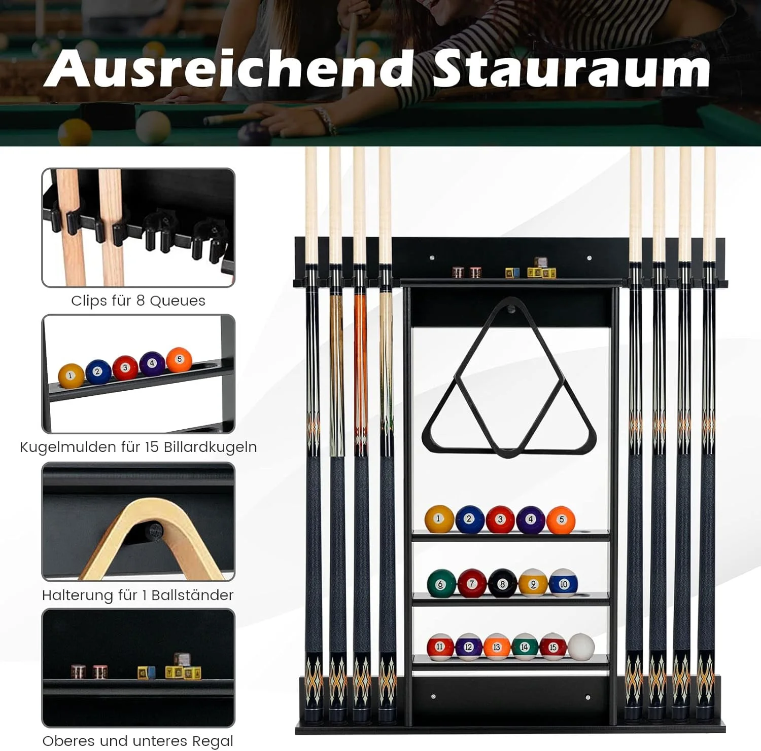 Wandmontierte Billardqueue-Halterung für 8 Queues, 15 Billardkugeln und 1 Queue-Ständer, Kiefernholz – Detail 4