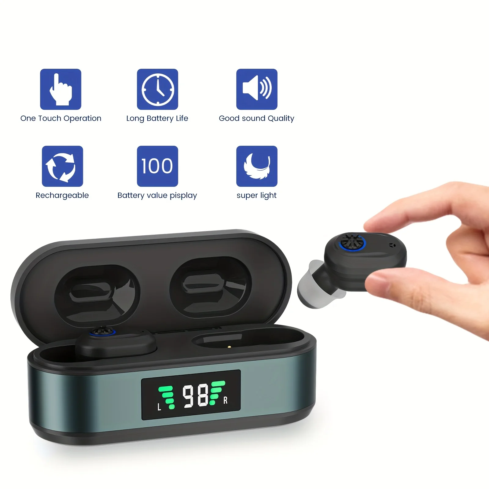 Portable rechargeable hearing earbuds amplifiers for adults with magnetic charging and adjustable low noise earphone aids
