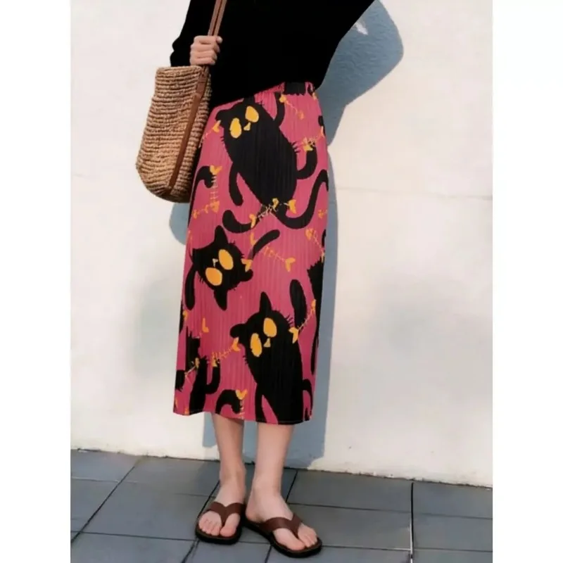 Cartoon Cat Print Pleated Midi Skirt Women Pink A-Line Casual Summer Pleated Skirt