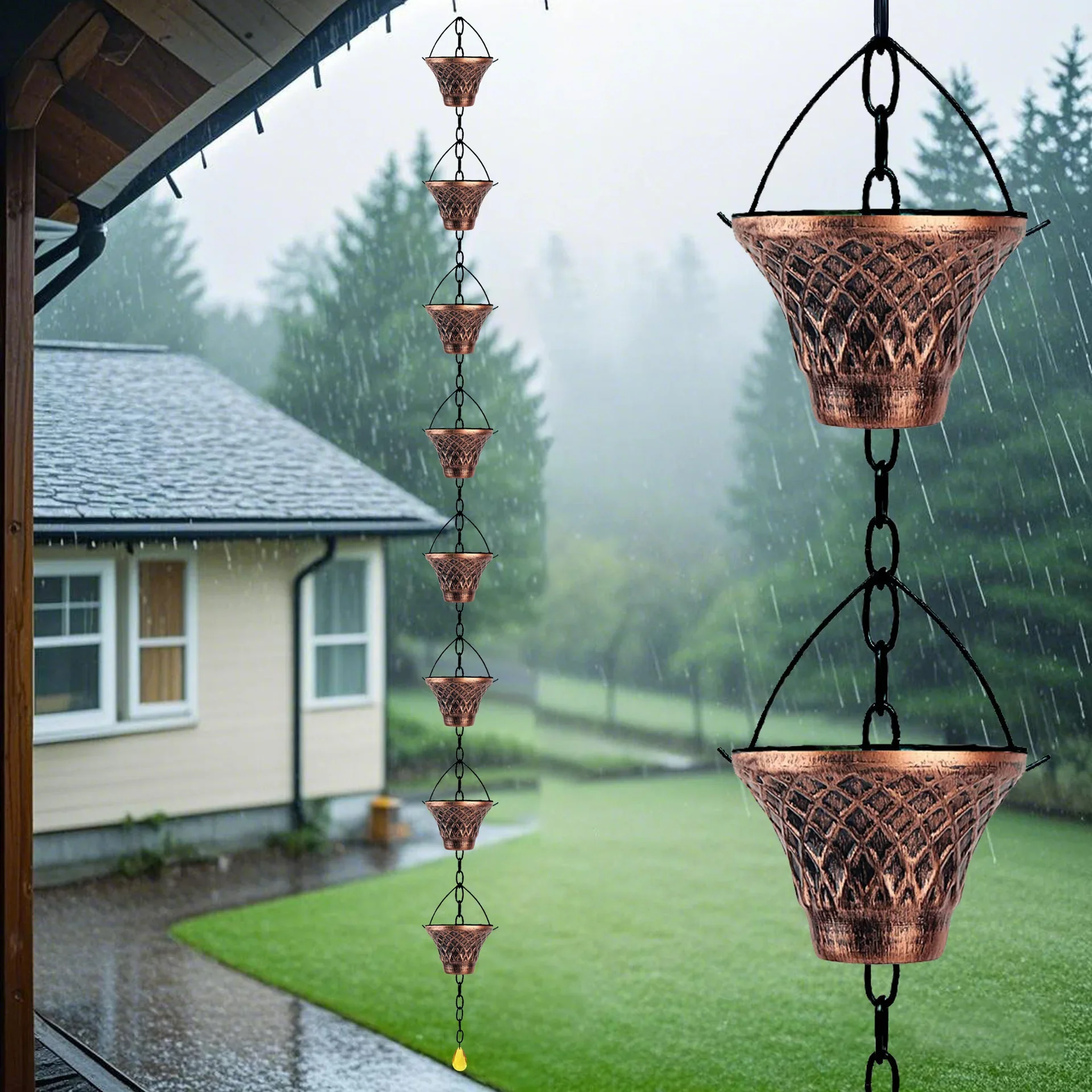 8 Cup Metal Copper Lattice Rain Gutter Chain - 180cm Outdoor Drain Divider and Rain Extender