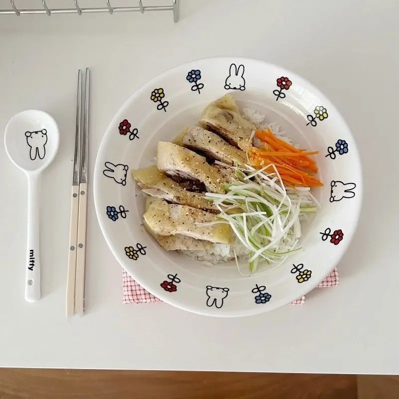 Tazón de Cerámica Simple con Diseño de Miffy, el Hámster León, para Comer Ramen, para una Persona, con Cuchara, para Dormitorio Estudiantil, Uso Doméstico, Kawaii, Adorable, de Dibujos Animados