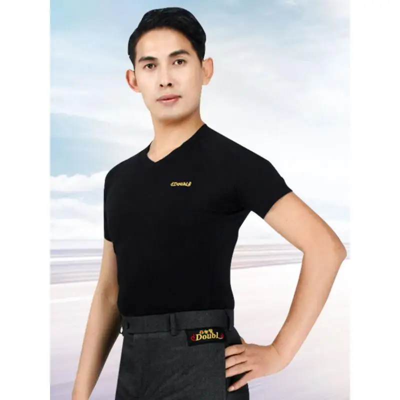 

2026 Latin Dance Top Men's Adult Summer Men's Short-sleeved T-shirt Ballroom Dancing Clothes V-neck Dancing Practice Clothes