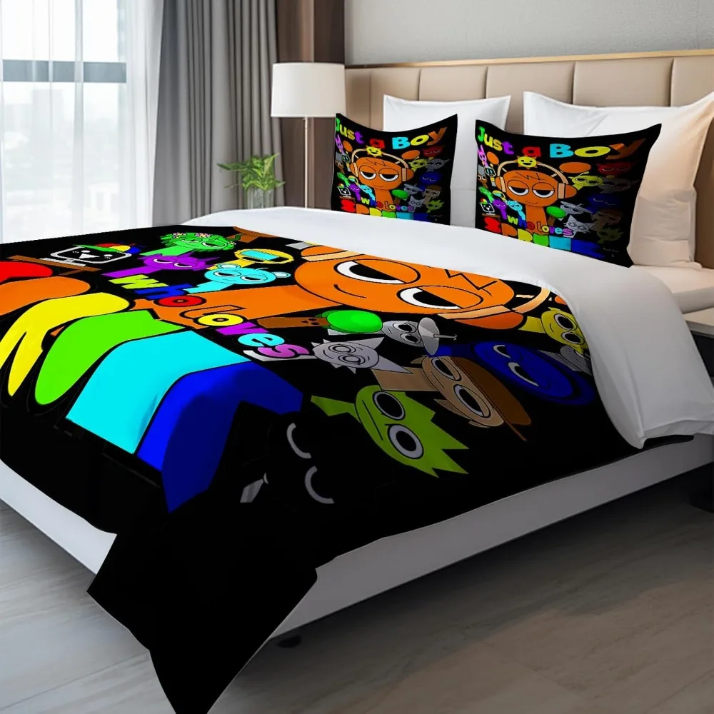 مجموعة غطاء لحاف فردي للأطفال من Sprunki مع كيس وسادتين، غطاء لحاف مقاس 135 × 200 سم مطبوع ثلاثي الأبعاد، هدايا دافئة لمحبي الألعاب