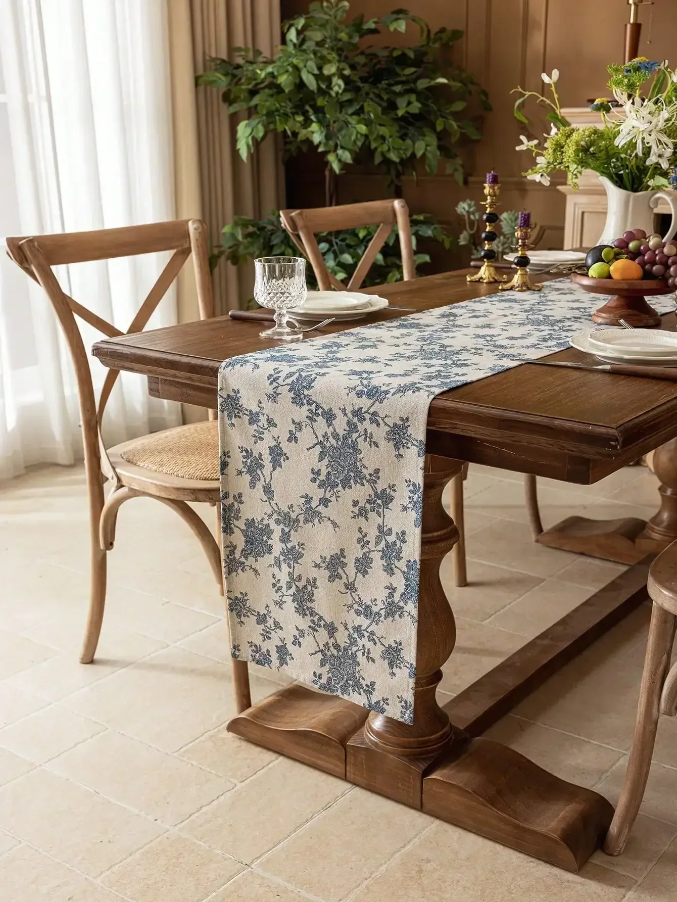 1pc Blue Vintage American Style Rose Floral Botanical Print Table Runner, Farmhouse Decor For Dining Cabinet, Sideboard