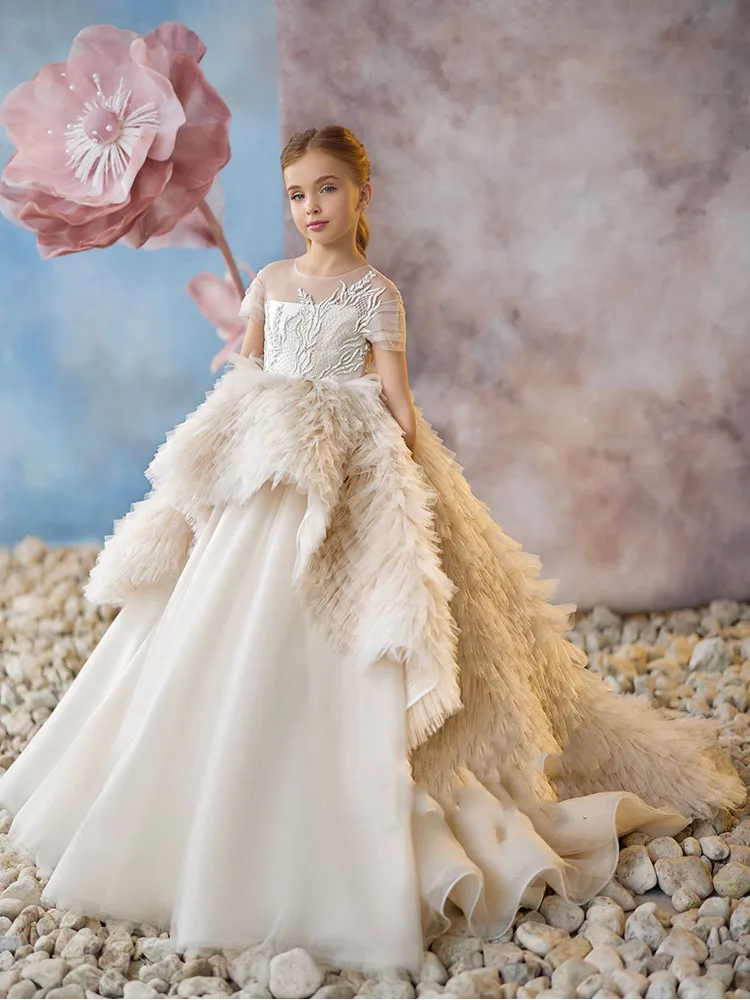 Blumenmädchenkleid für Hochzeit, Champagner-Tüll, mehrlagige Applikation, geschwollene Prinzessin, Kindergeburtstag, Erstkommunion, Ballkleider für Mädchen