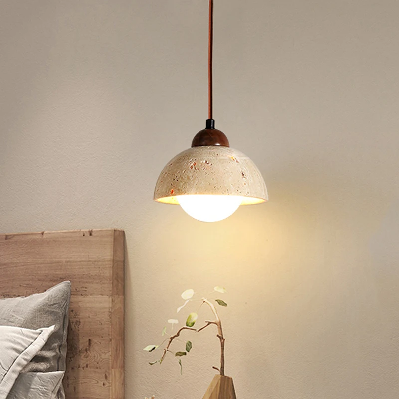 

Yellow Stone Bowl Hanging Lamp Over Dining Table Wabi Sabi Travertine Pendant Light Bedside Restaurant Hotel Bar Droplight