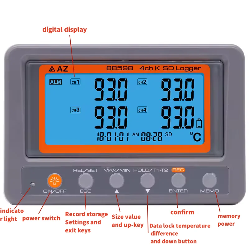 AZ88598 Industrial 4G SD Card 4 Channel Thermocouple Temperature Meter Data Logger Large LCD Digital ThermometerAZ88598 Industri