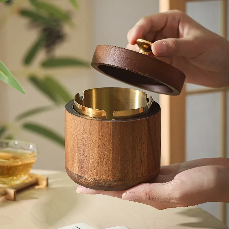 for Solid Wood Ashtray with Lid Large Household Chinese Style Anti Fly Living Room Light Luxury Creative Retro Car Windproof