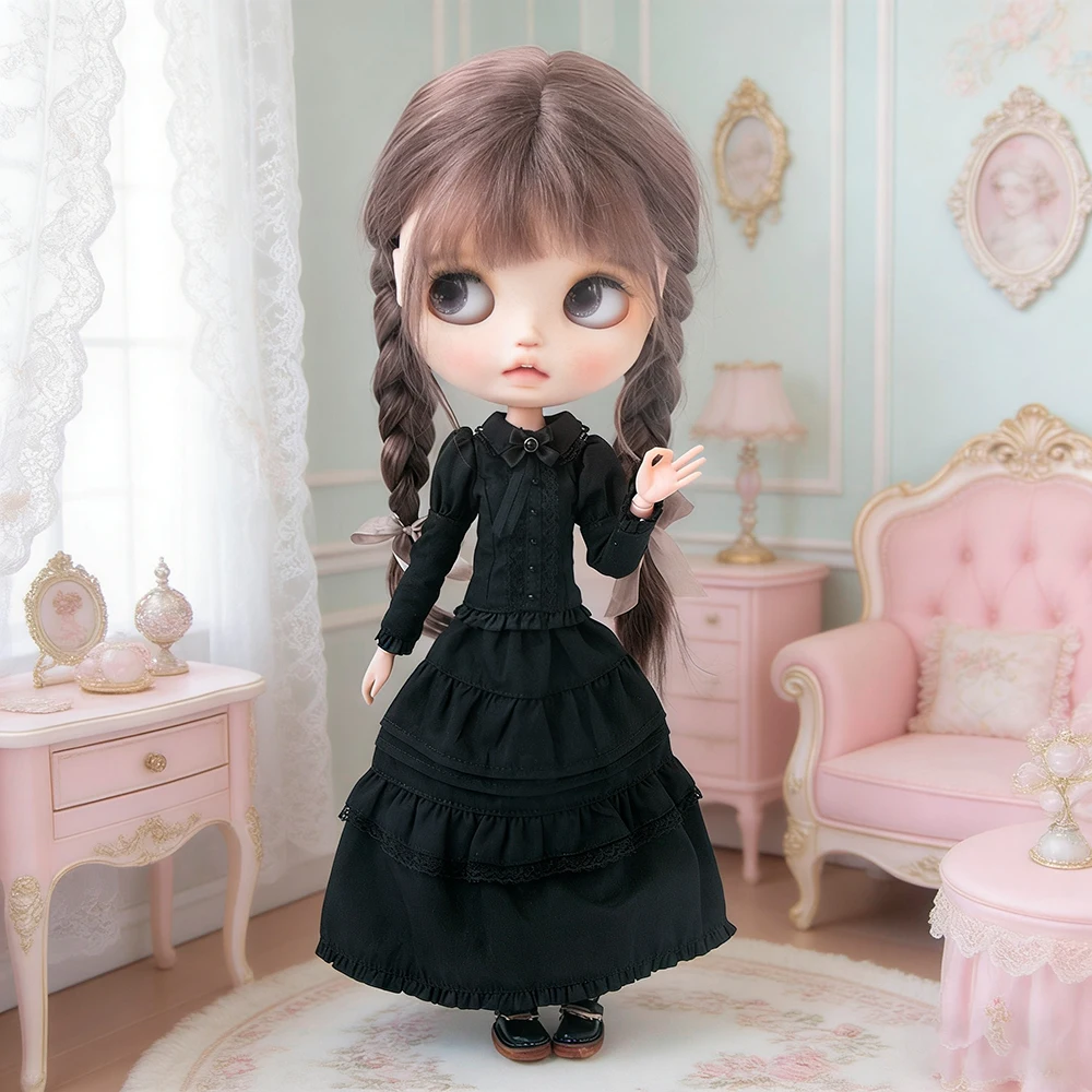 Blyth Doll Clothes Long Sleeve Black Gothic Vintage Lolita Dress OB22 OB24 Outfit Set for Licca Azone Ker YMY Doll Accessories - view 6