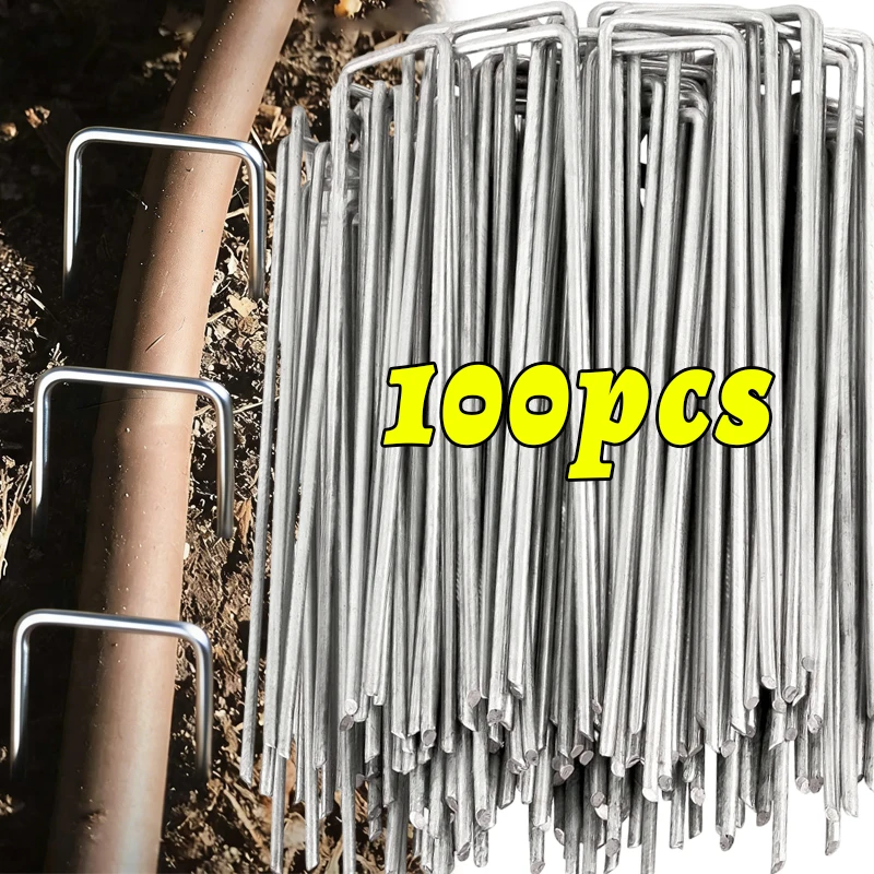 U-type Garden Staples Heavy-duty Fence Tubing Stakes Sod Pins Galvanized Landscape Spike for Holding Lawns Barrier Ground Nail