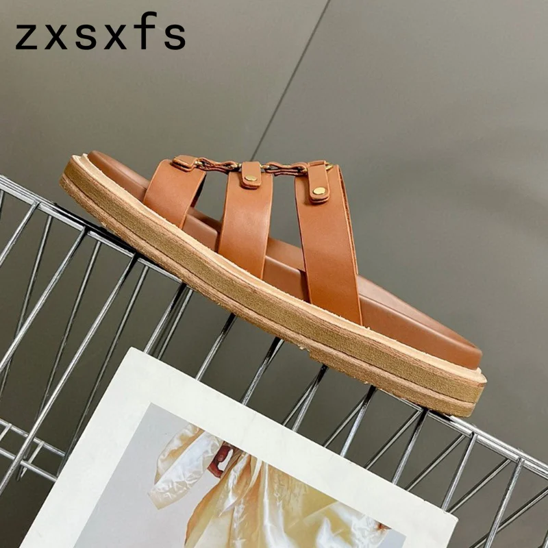 2024 Hot Sale Leather Flat Slippers Women Summer Flat Platform Casual Shoes Ladies Black Slides Flat Holiday Beach Sandals