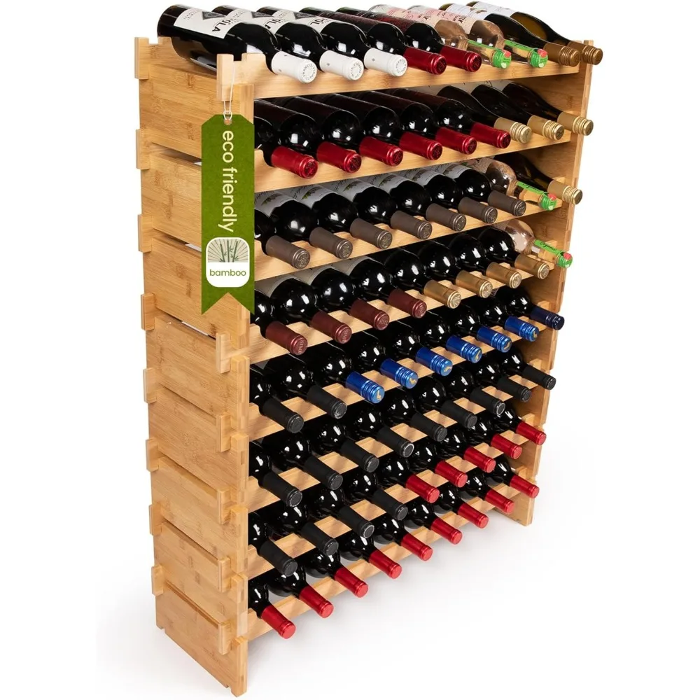 - 72 Bottle Stackable Modular Wine Rack Wine Storage Rack Solid Bamboo Wine Holder Display Shelves, Wobble-Free (Eight-Tier, 72