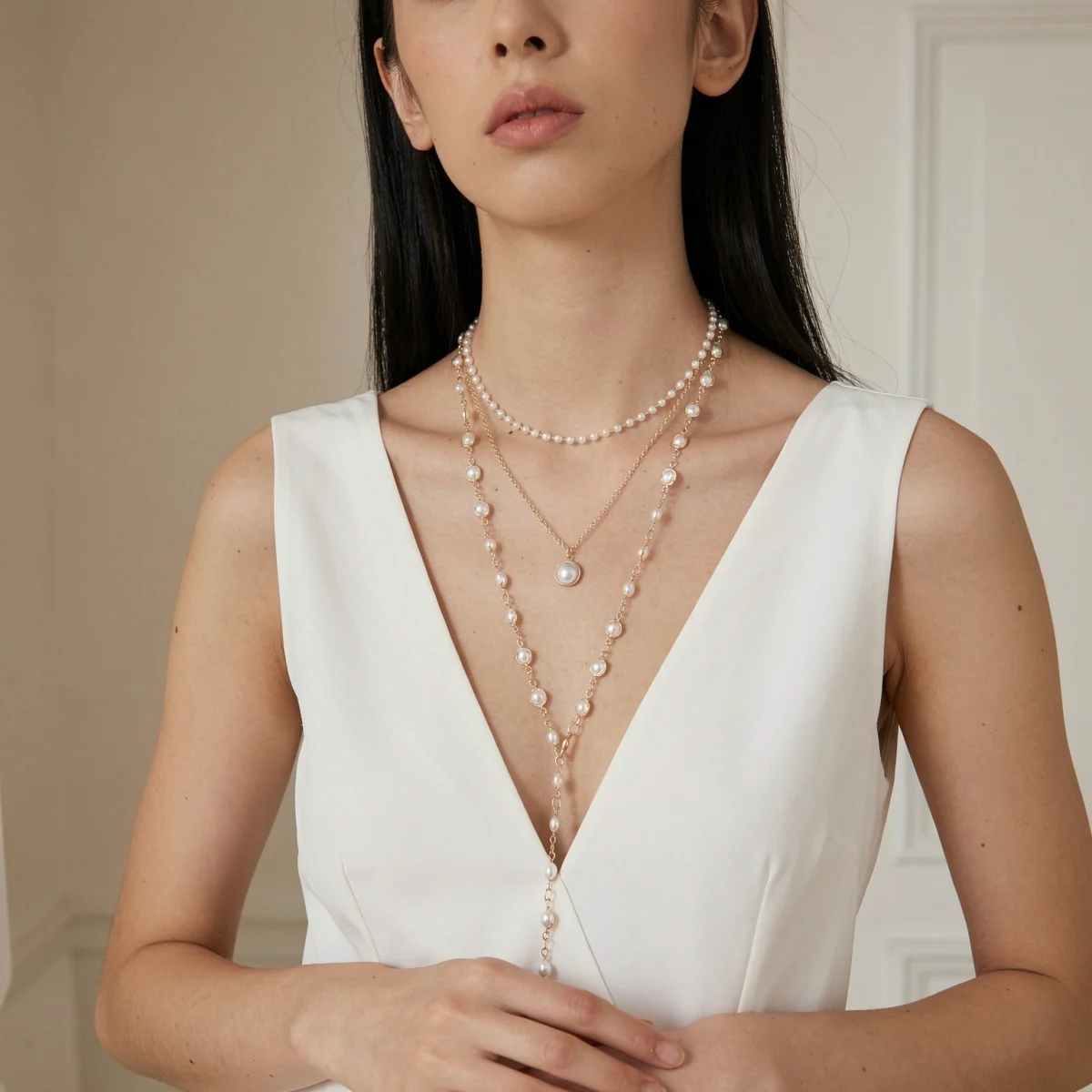 Vintage Elegante Simulierte Perlen-Halskette für Damen, Mehrschichtige Y-förmige Pulloverkette, Choker, Hochzeitsschmuck – Detail 5