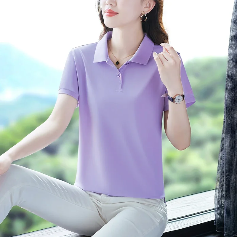 

T-shirt Women Polo Top Basic Women's T-shirts Ice silk short-sleeved fashionable lapel quick-drying top women's polo shirt