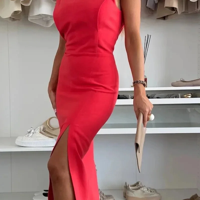 Elegant แขนกุดคอรอบคอ Midi กระโปรง Chic สีทึบเอวสูง Slit ฤดูร้อนใหม่แฟชั่นผู้หญิงชุดเดินทาง