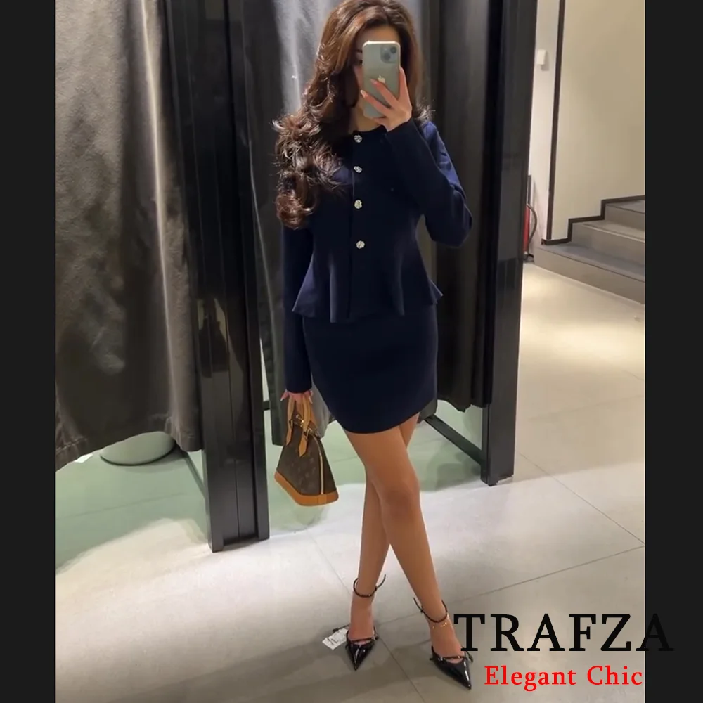 TRAFZA-Women Elegant Navy Blue Skirt Set Sweater+Skirt New 2024 Spring Fall Fashion Office Lady Minimalism Skirt Set