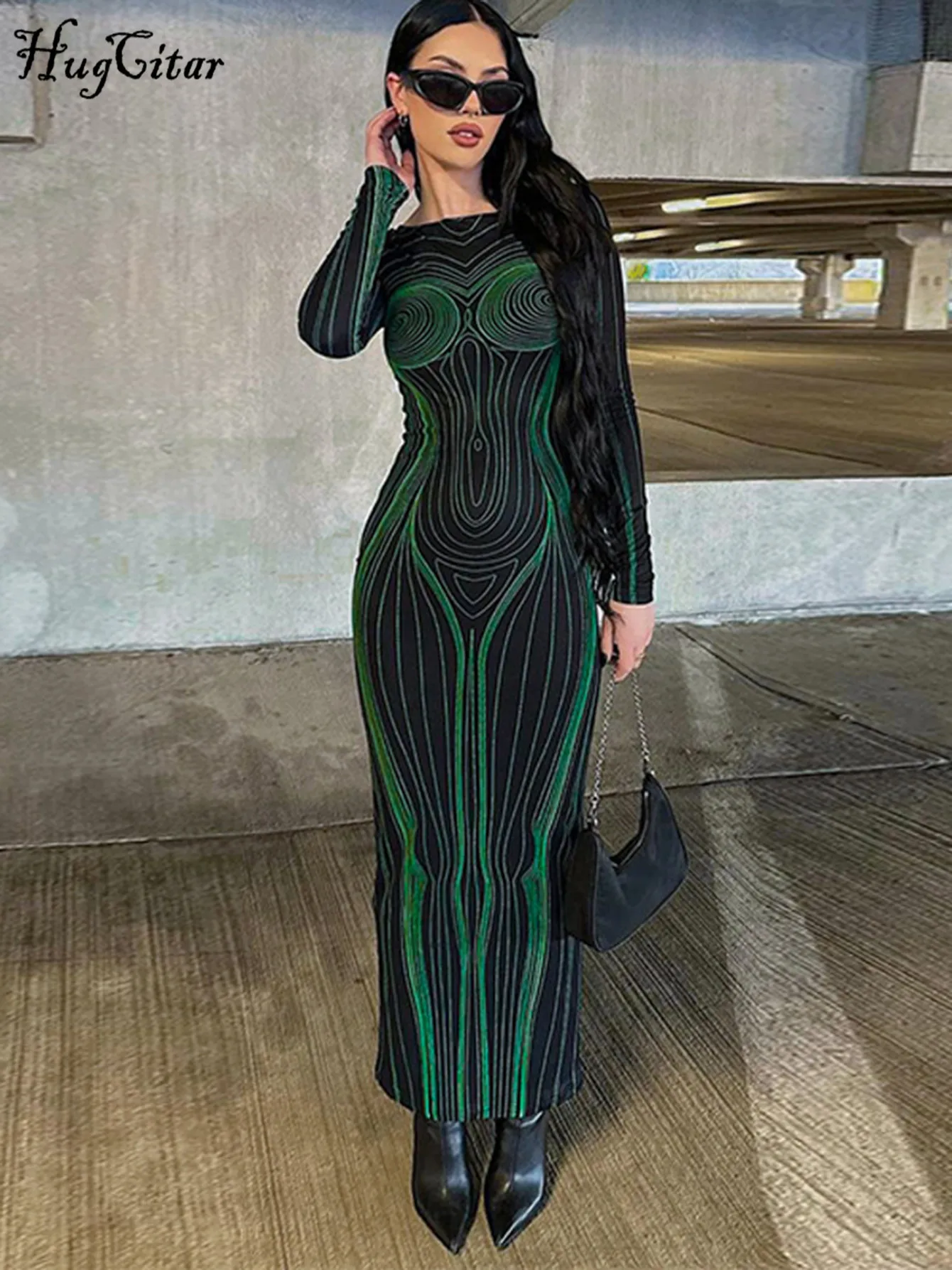 Hugcitar Striped Print Long Sleeve See Through Sexy Bodycon Maxi Dress 2024 Winter Women Y2K Evening Party Festival Clothes