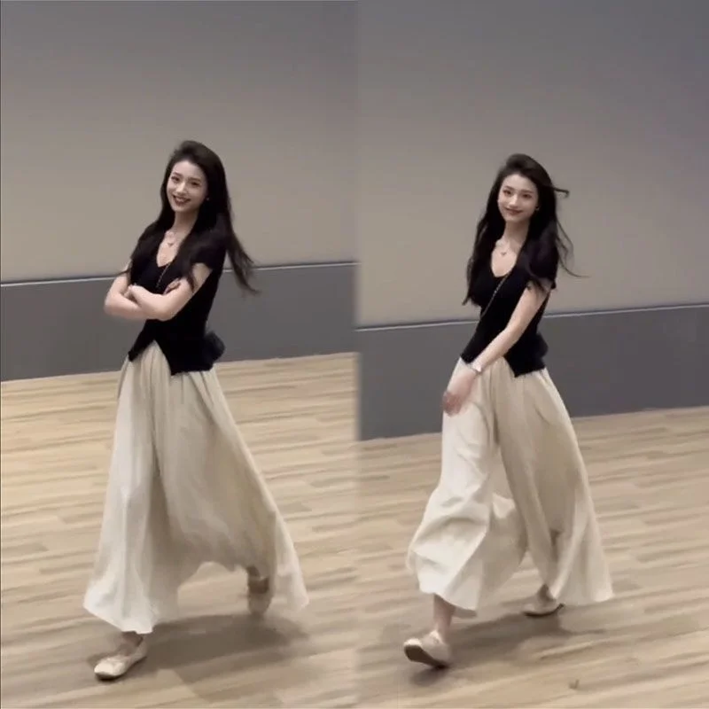 

Новый китайский асимметричный комплект из длинной юбки и топа для женщин, модный ансамбль, юбка в пол и топ, комплект из двух предметов.