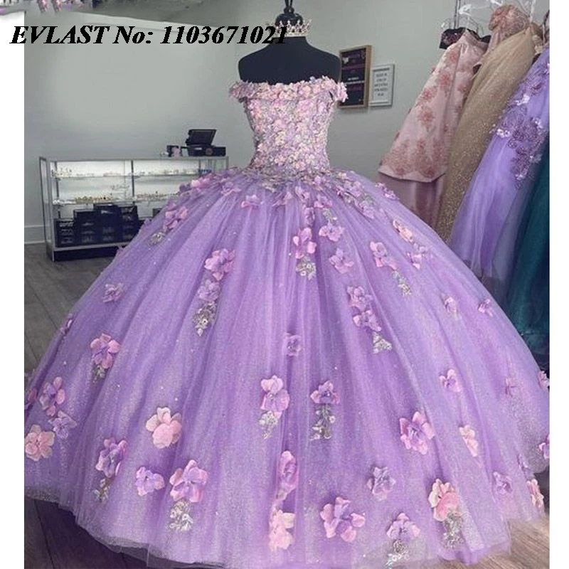 

EVLAST Shiny Purple Lilac Quinceanera Dress Ball Gown 3D Floral Applique Beading Diamond Sweet 16 Vestidos De XV 15 Anos SQ56