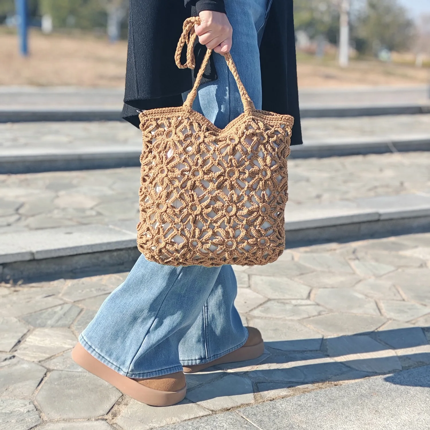 Handmade Crochet Tote Bag Elegant Hollow Design Handwoven Shoulder Bag Fashion Knitted Handbag with Pure Crochet Strap 4 Colors