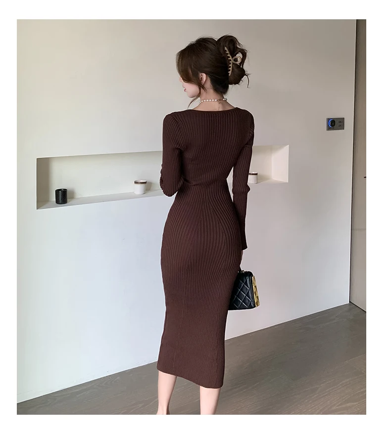 Langes Strickkleid für Damen 2026 Herbst Winter Neuerscheinung Langes Kleid mit Trompetenärmeln und V-Ausschnitt Koreanischer Stil Modisches Damenkleid – Detail 27