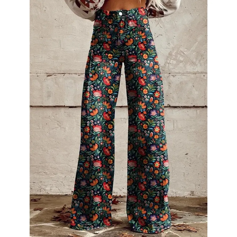 Damen Boho Blumenmuster High-Waist Weite Hose Retro Y2K Western Lässige Loose-Fit Hose mit Taschen Sexy Mädchenhafte Streetwear – Detail 11