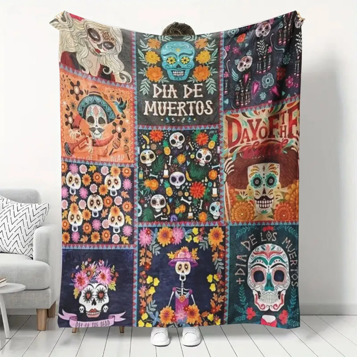 A Halloween Skeleton Witch Flannel Blanket - Soft, Warm, Suitable for All Seasons, Perfect for Home Decor, Sofa,, Office, Campin