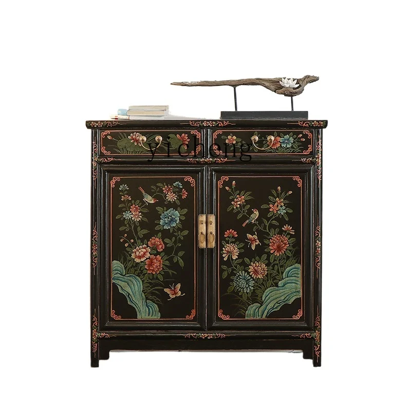 Tqh New Chinese Style Solid Wood Shoe Cabinet Painted Distressed Living Room Entrance Locker New Classical Sideboard Cabinet