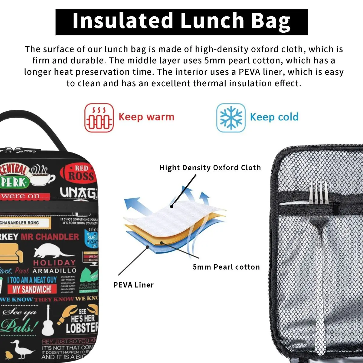 Friends Qu Insulated Lunch Bag for Women Children Portable Food Boxes Thermal Lunch Box Tote