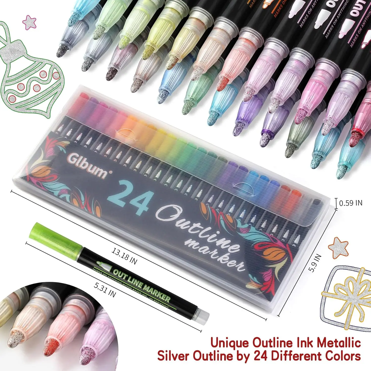 12-48 Colors Double Line Outline Metallic Highlighter Pens – Magic Glitter Drawing Markers, Water-Based & Quick Drying