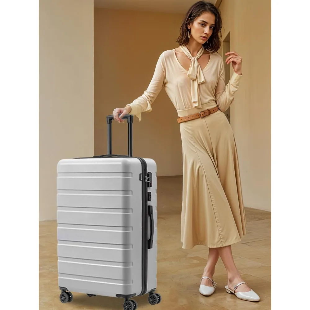 Lightweight ABS Hardside Luggage with USB, Wheels, TSA Lock - Large 28 Inch Silver Travel Suitcase
