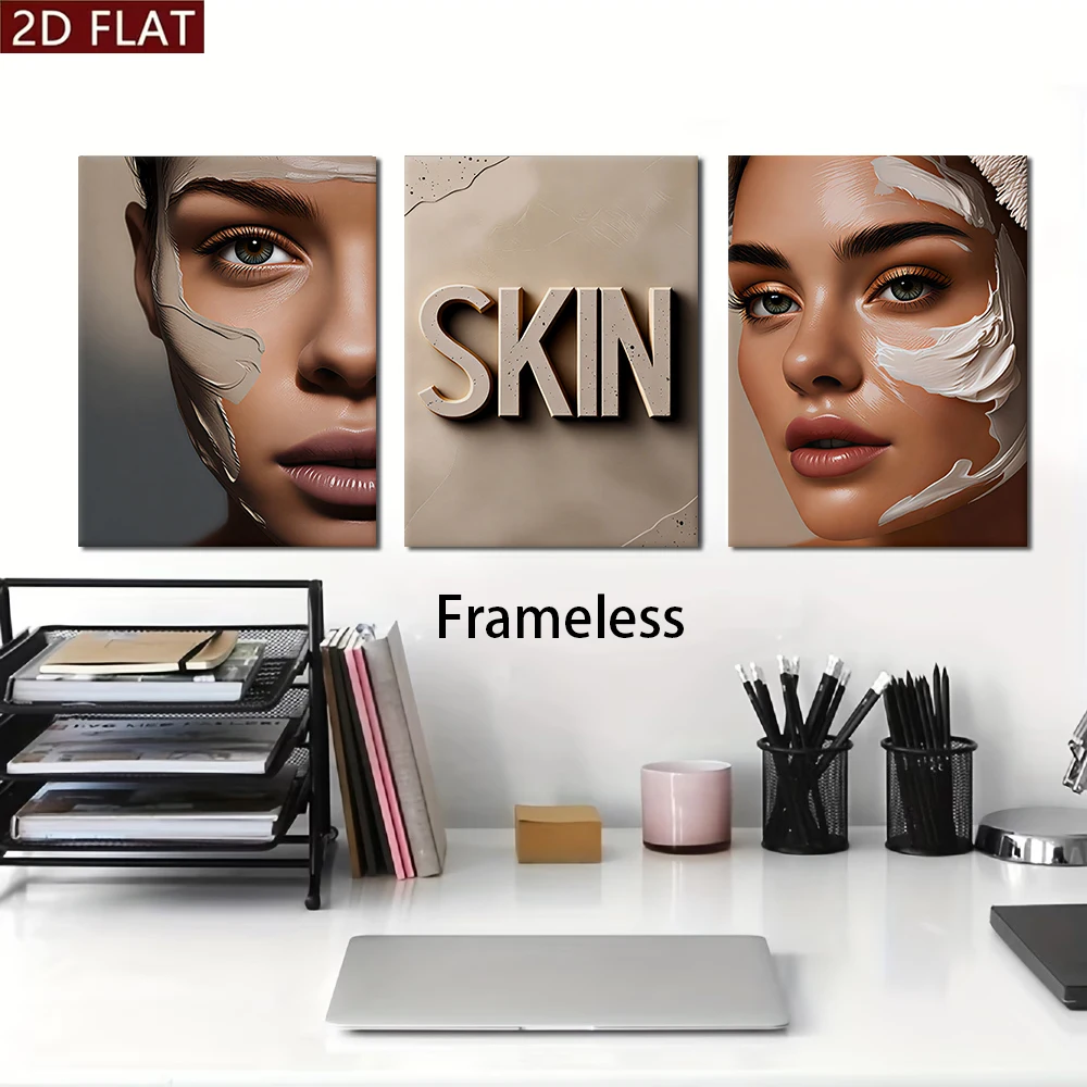 1 set of triple skin care decorative paintings, simple beauty, living room, bedroom, facial care theme, frameless painting, mode