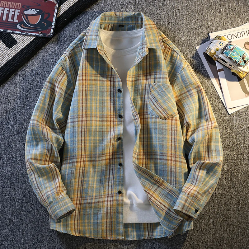 Men's Plaid Shirt Jacket Casual Long-sleeved Streetwear Young Adults Korean Fashion High Street Outwear Spring Man Clothing Top