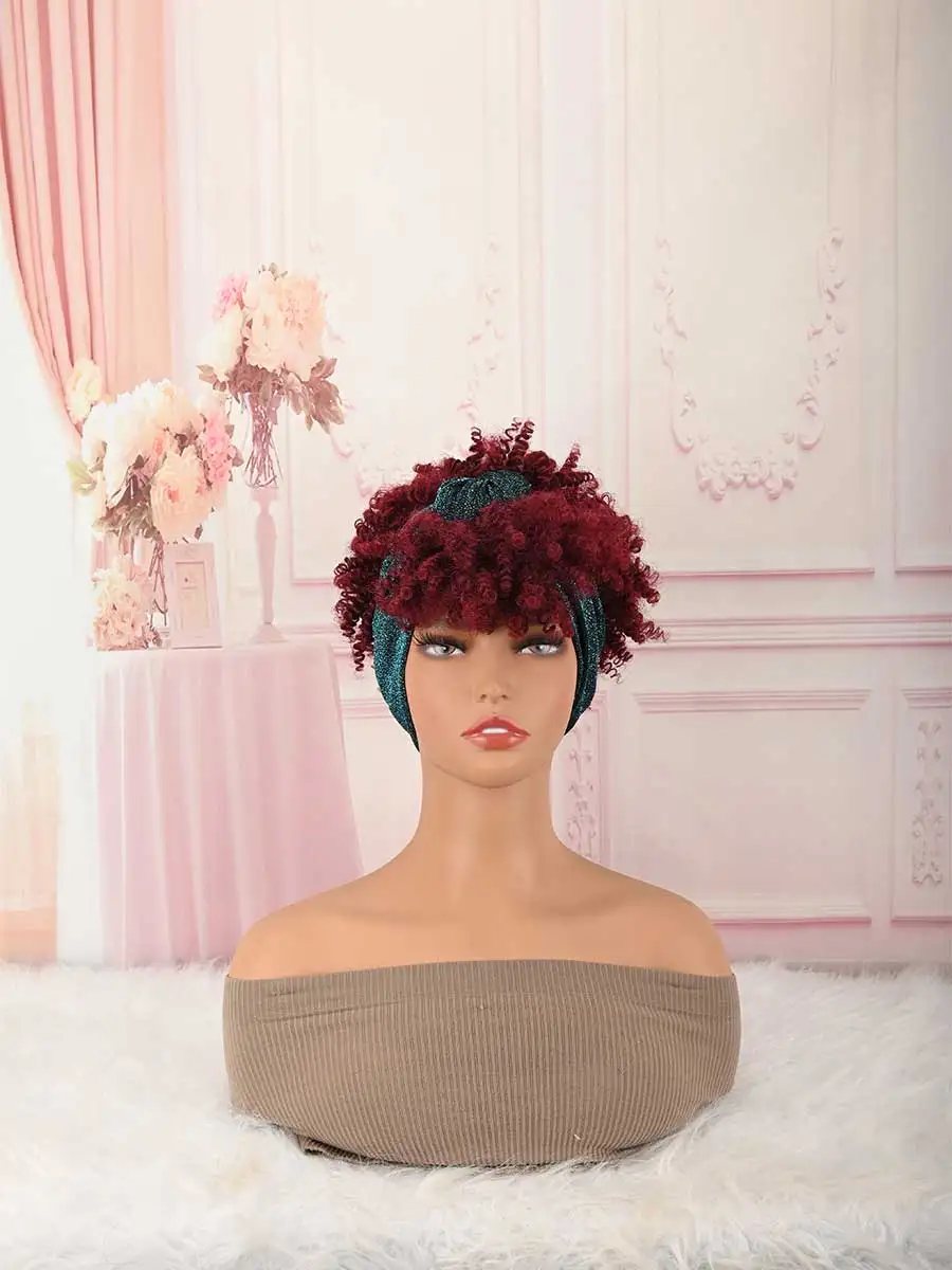 Headband Wig Curly Headband Wig With Bangs For Women Synthetic Afro Curly Hair Wig With Headband Attached Short Kinky