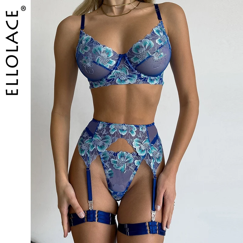

Ellolace Premium Lingeries Sexy Hot Blue Embroidery 5PC Women's Underwear Elegant Willowy Bra Hilitos Set