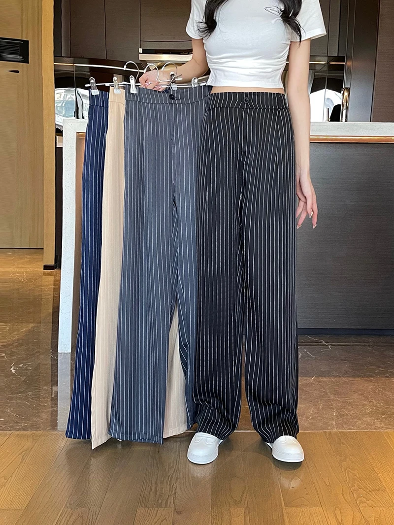 High Waist Striped Wide Leg Pants Draped Thin Summer Korean Style Commute Wind Pocket Zipper Design plus Size Slimming Trousers